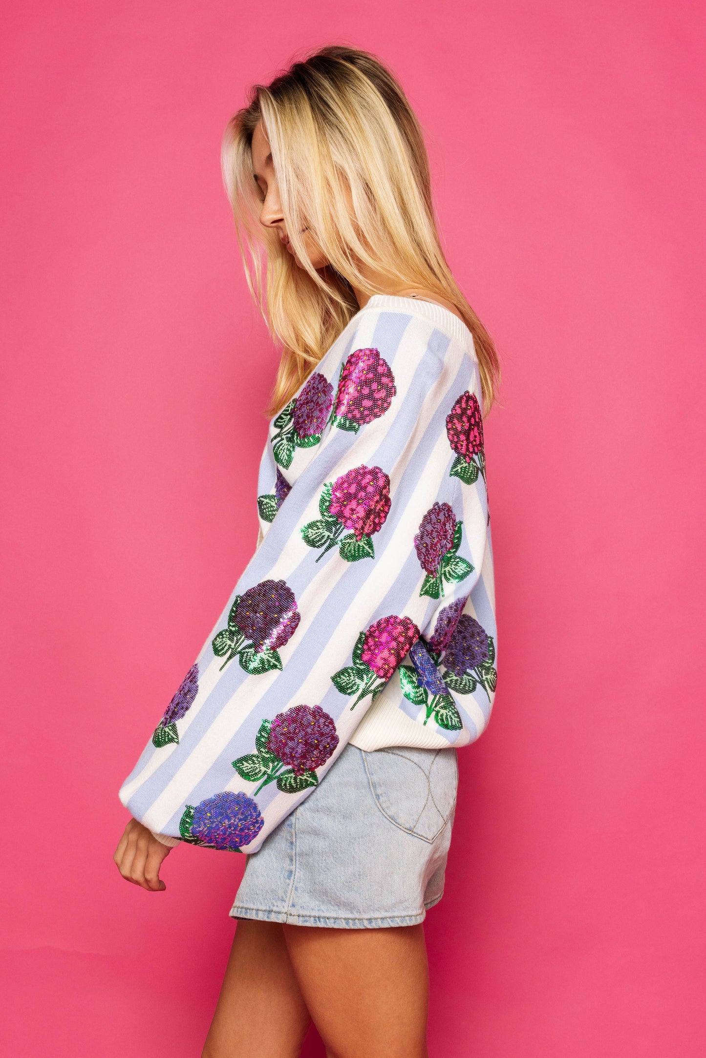 Queen of Sparkles Blue & White Stripe Hibiscus Cardigan