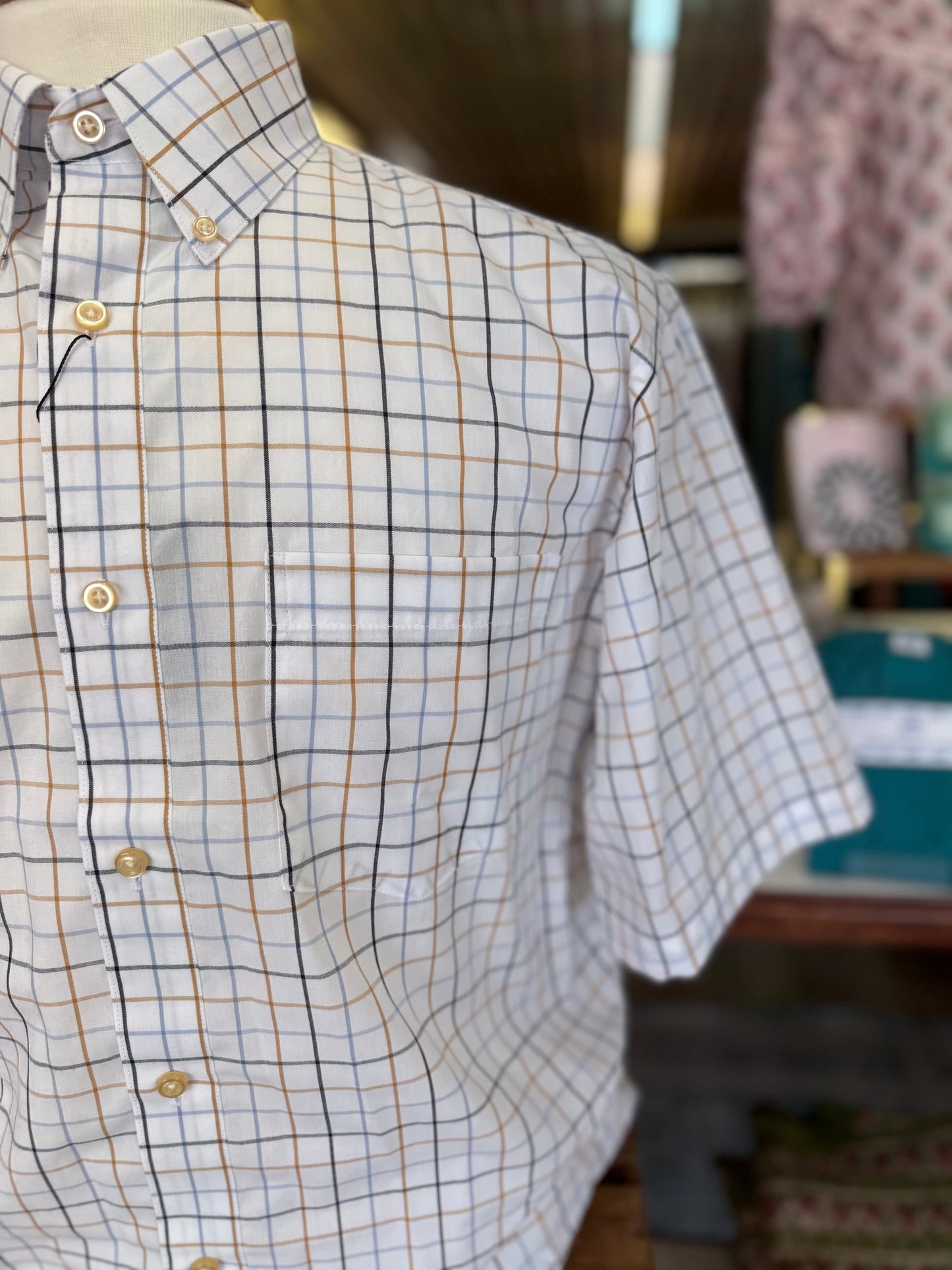 White/Blue/Tan Short Sleeve Button Down