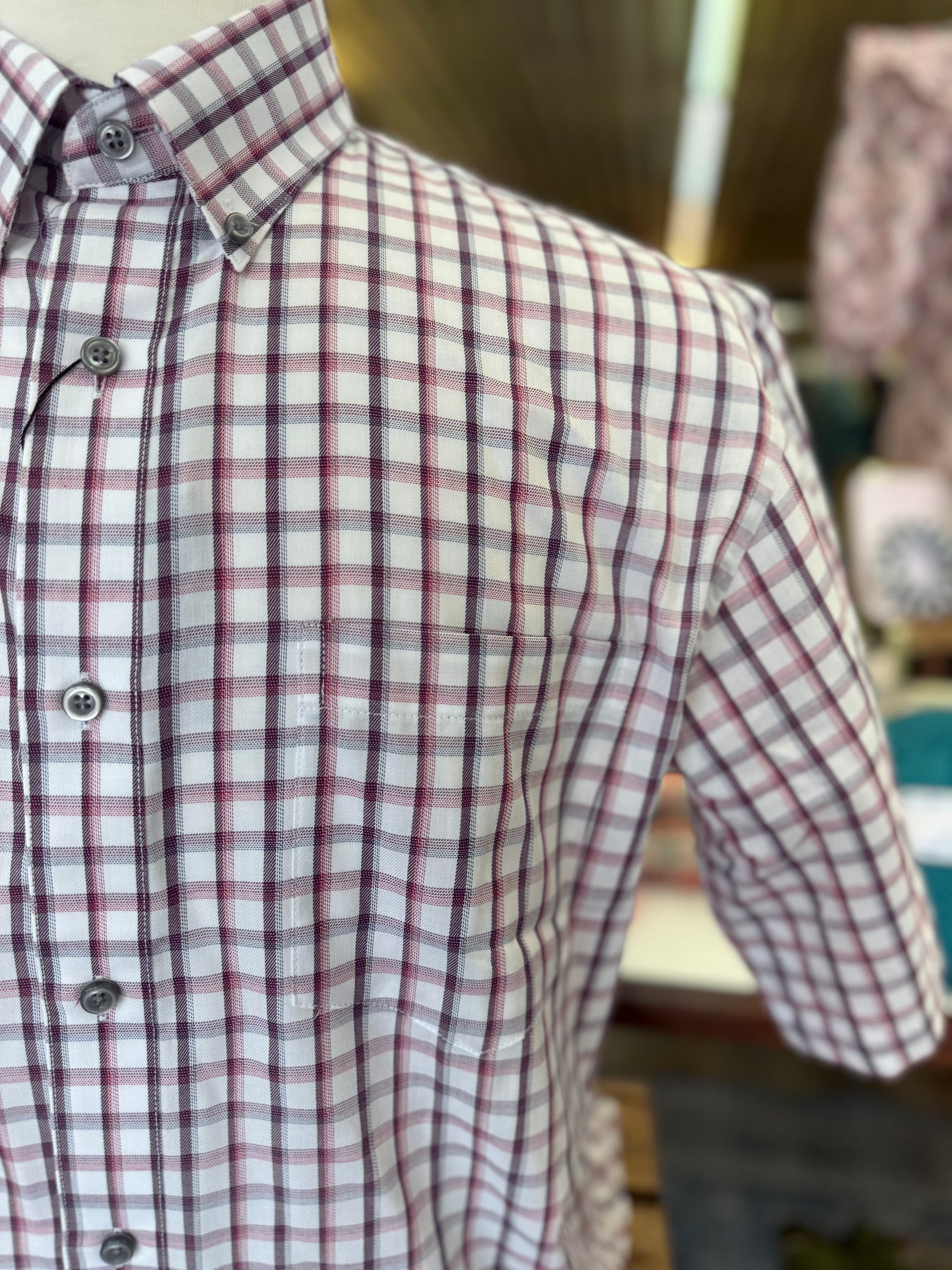White/Maroon Short Sleeve Button Down