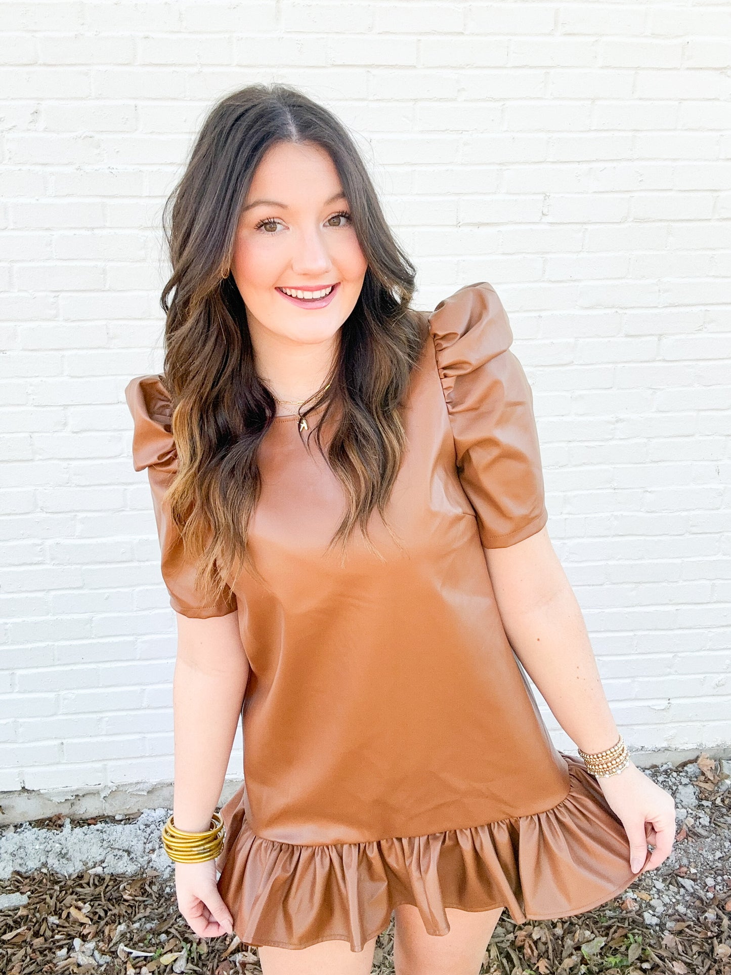 Camel Puff Sleeve Leather Dress