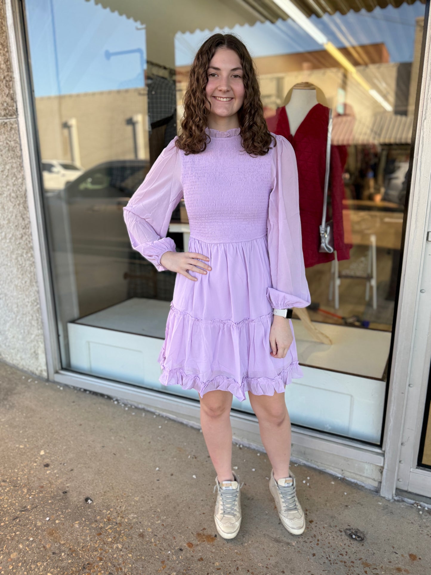 Purple High Neck Smocked Dress