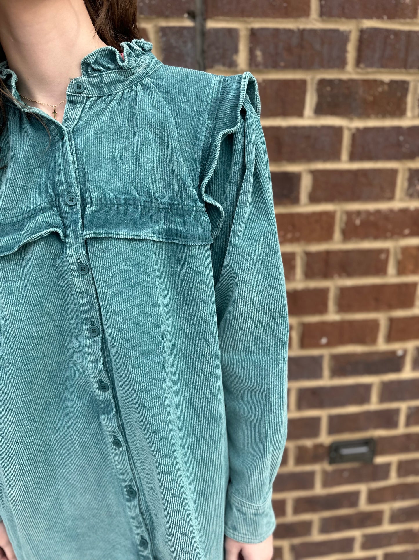 Teal Corduroy Ruffle Dress