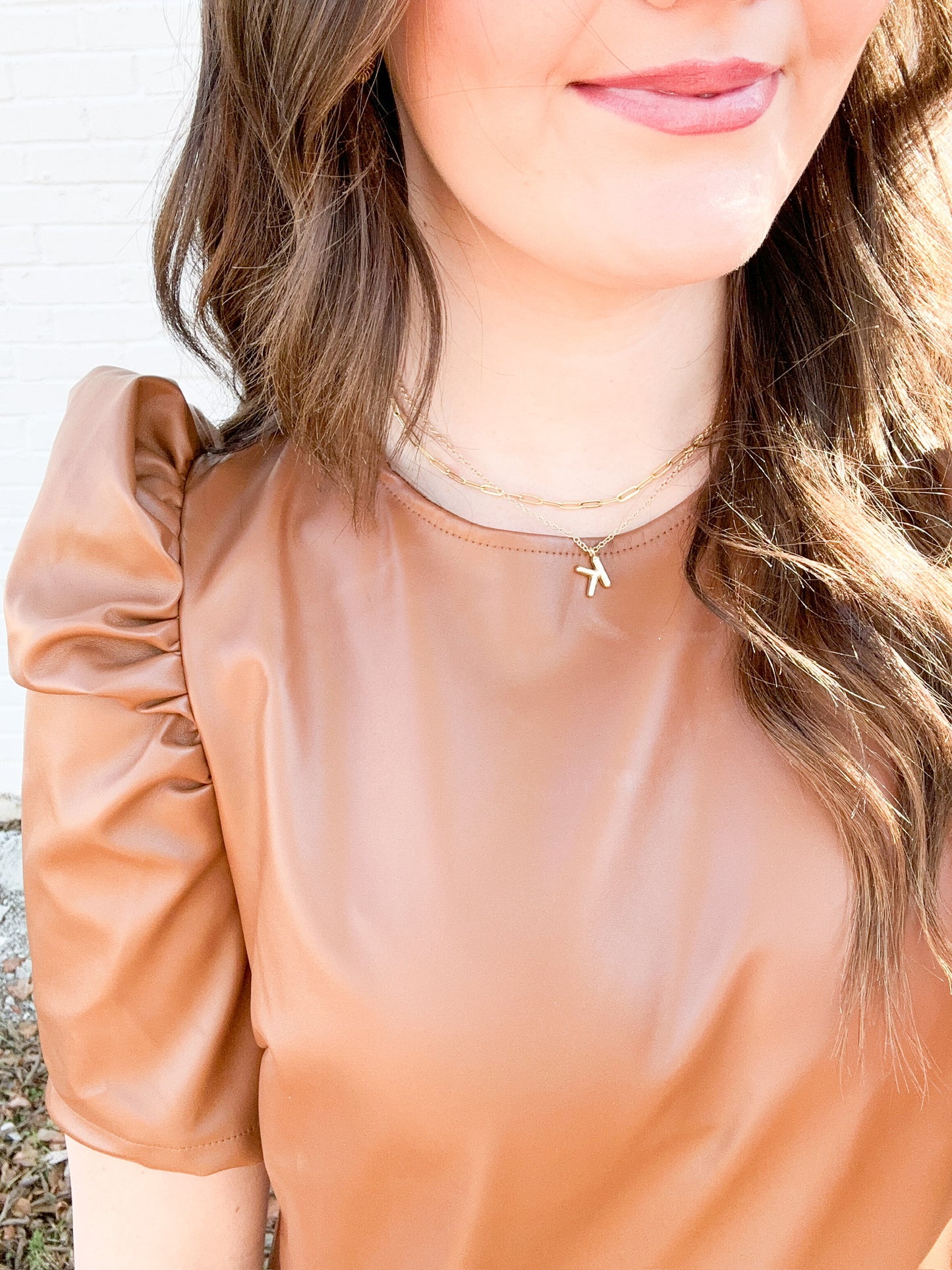 Camel Puff Sleeve Leather Dress