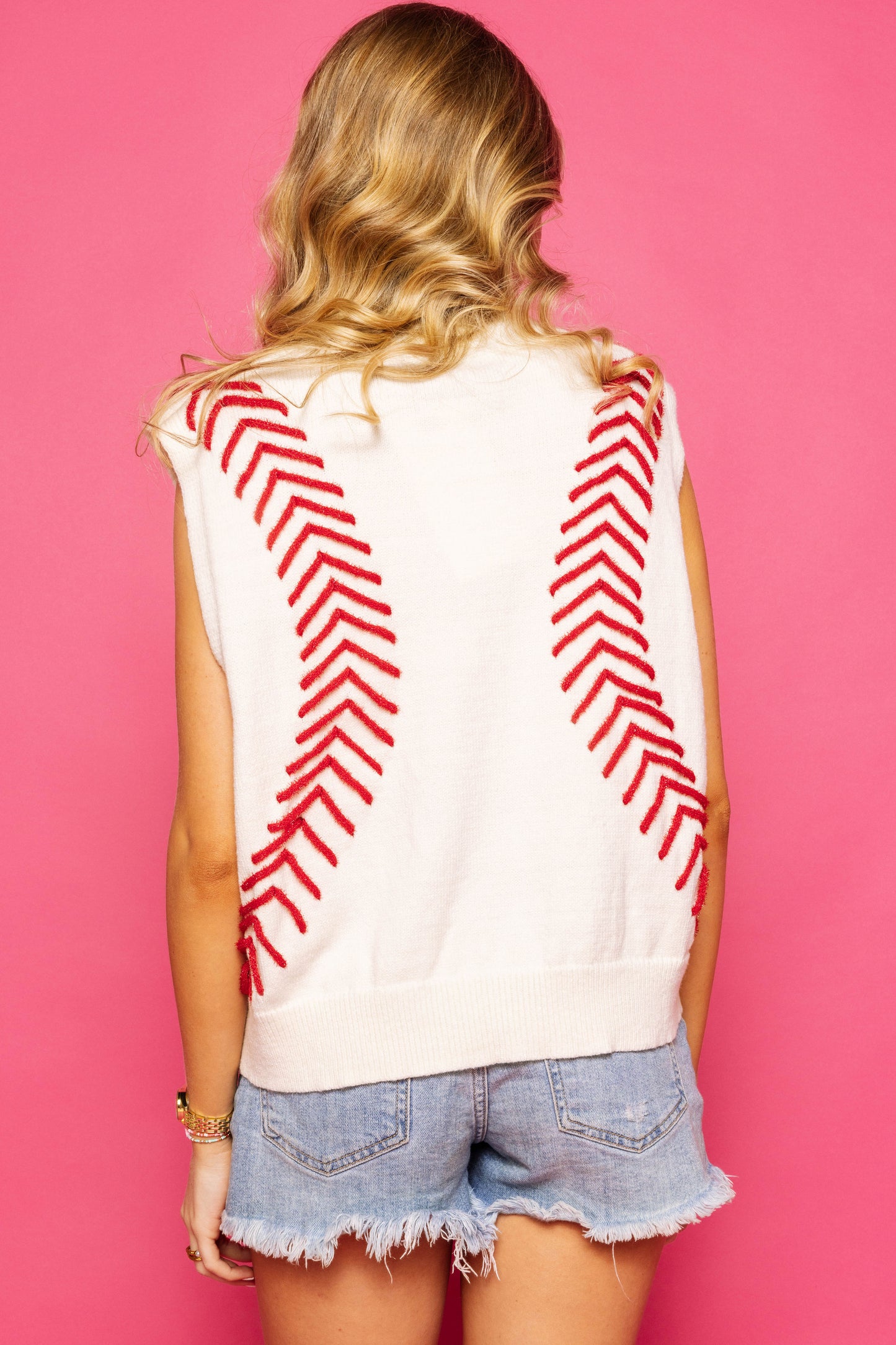 Queen of Sparkles White Baseball Stitch Sweater Vest