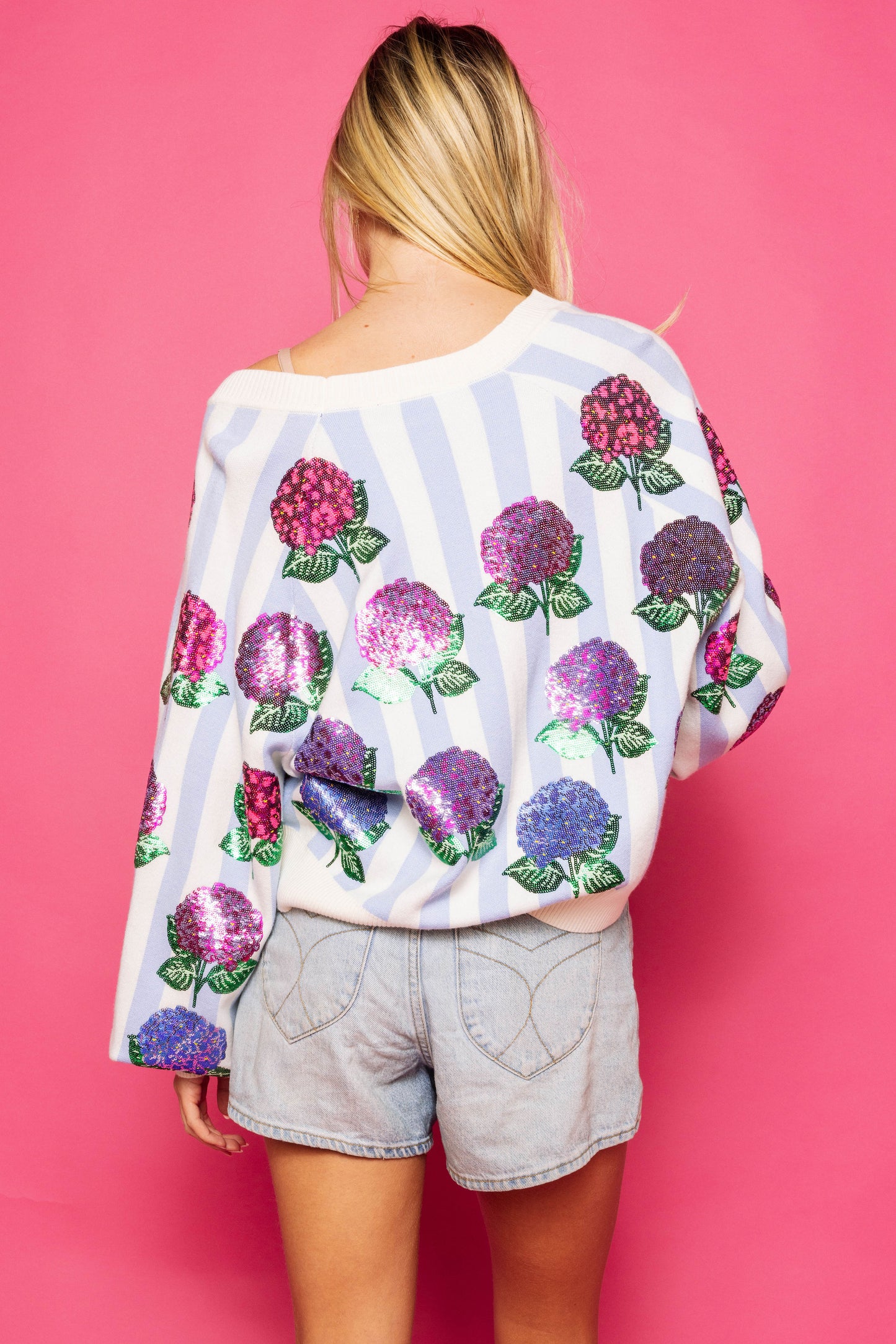 Queen of Sparkles Blue & White Stripe Hibiscus Cardigan