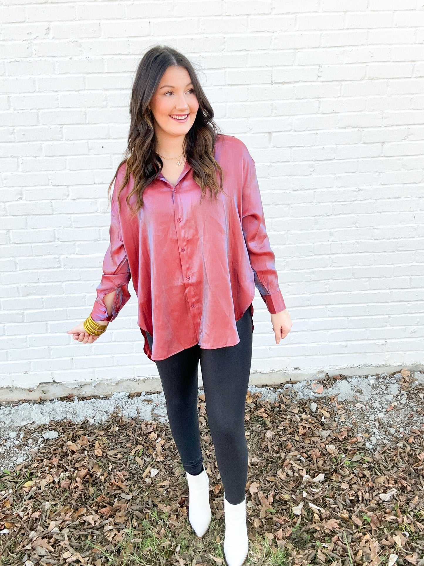 Rust Lurex Button-Up Top