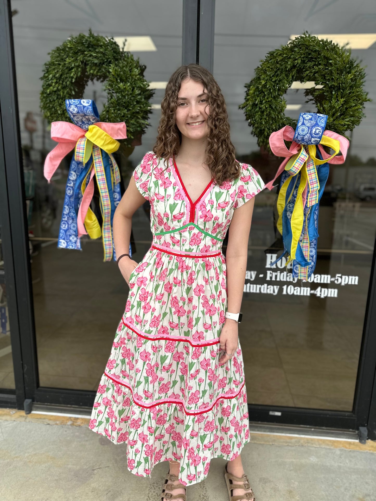 Pink/Red Flower Midi Dress