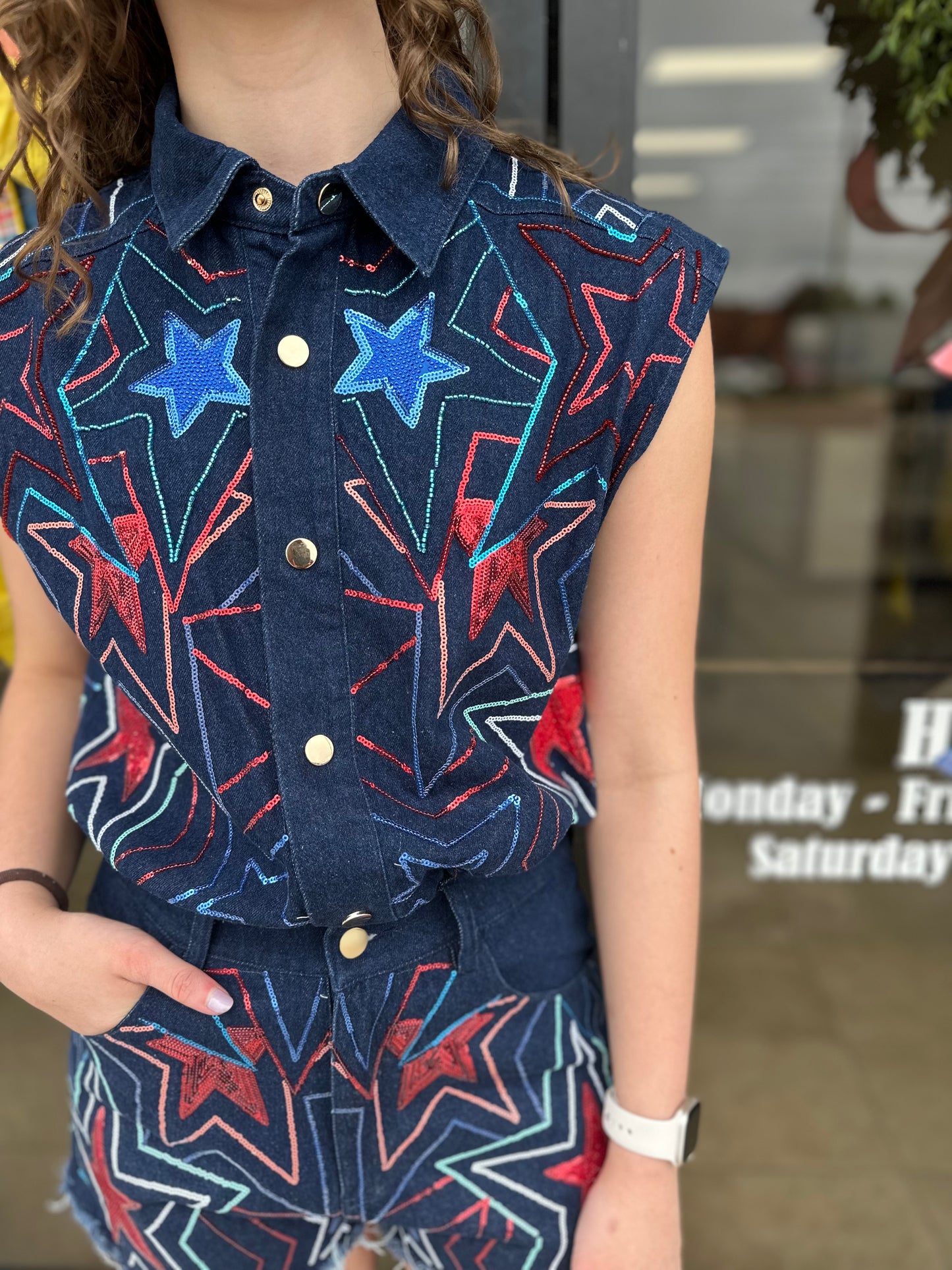 Queen of Sparkles Denim Groovy Star Romper