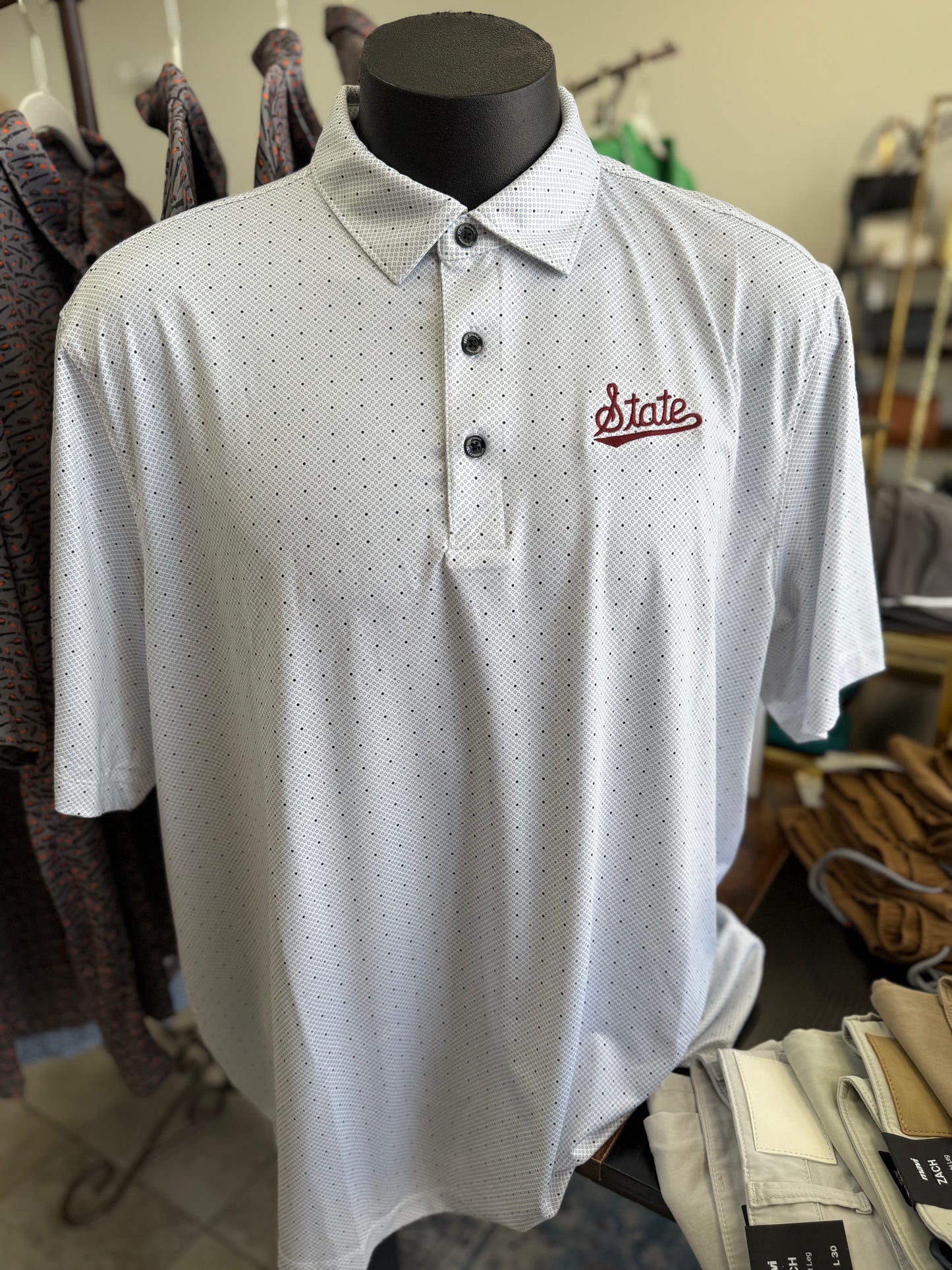 State Script Double Dot Grey Print Polo