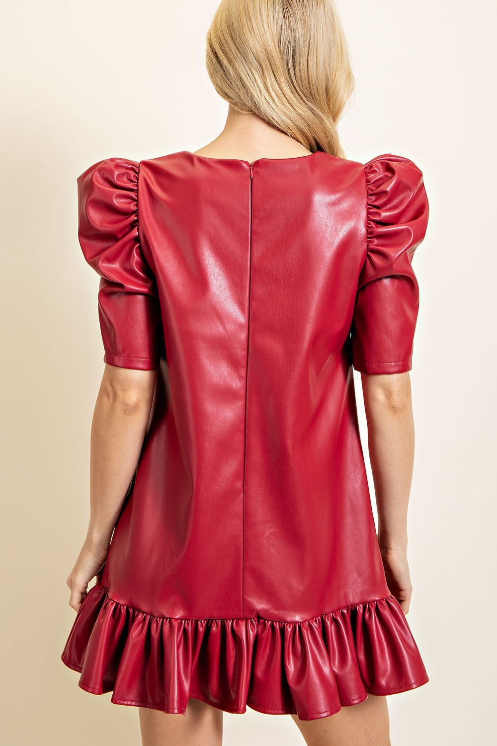 Burgundy V-Neck Leather Dress