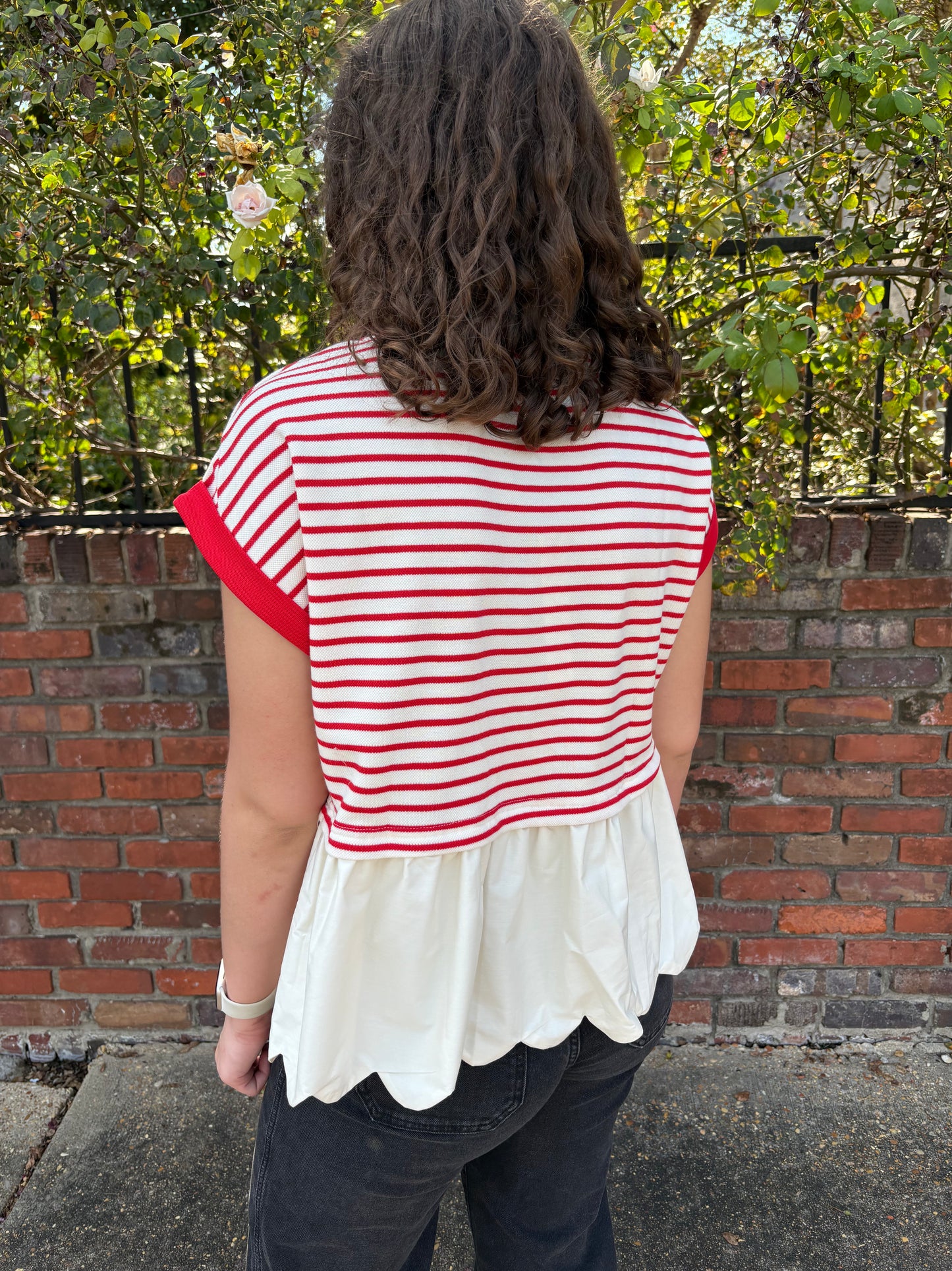 Red Stripe Scallop Top