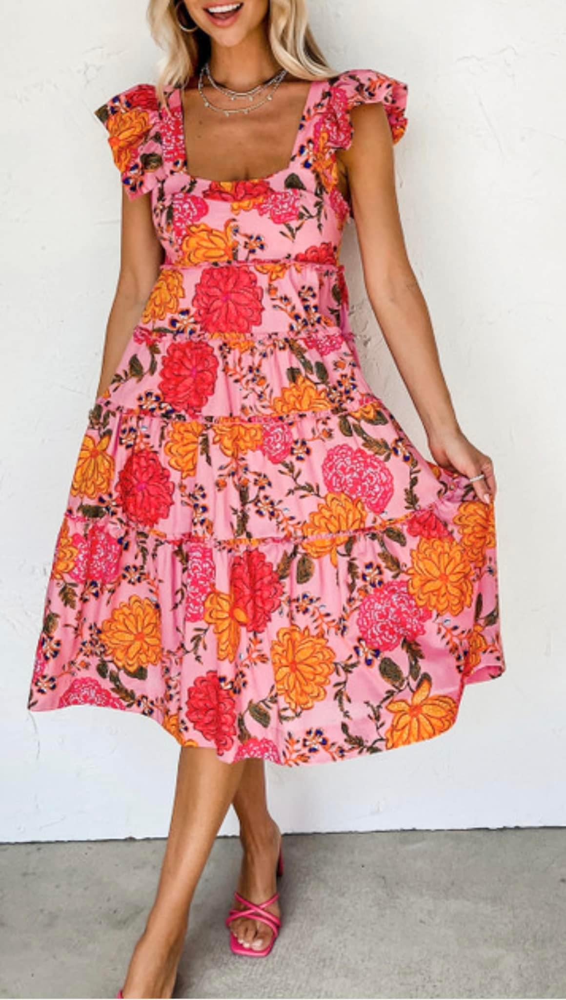 Pink Flower Midi Dress