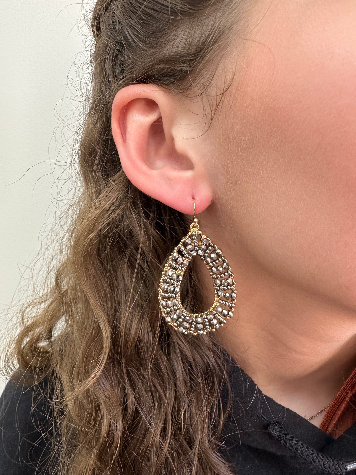 Grey Beaded Teardrop Earrings