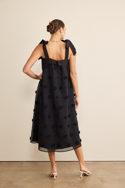 Shoulder Tie Black Midi Dress