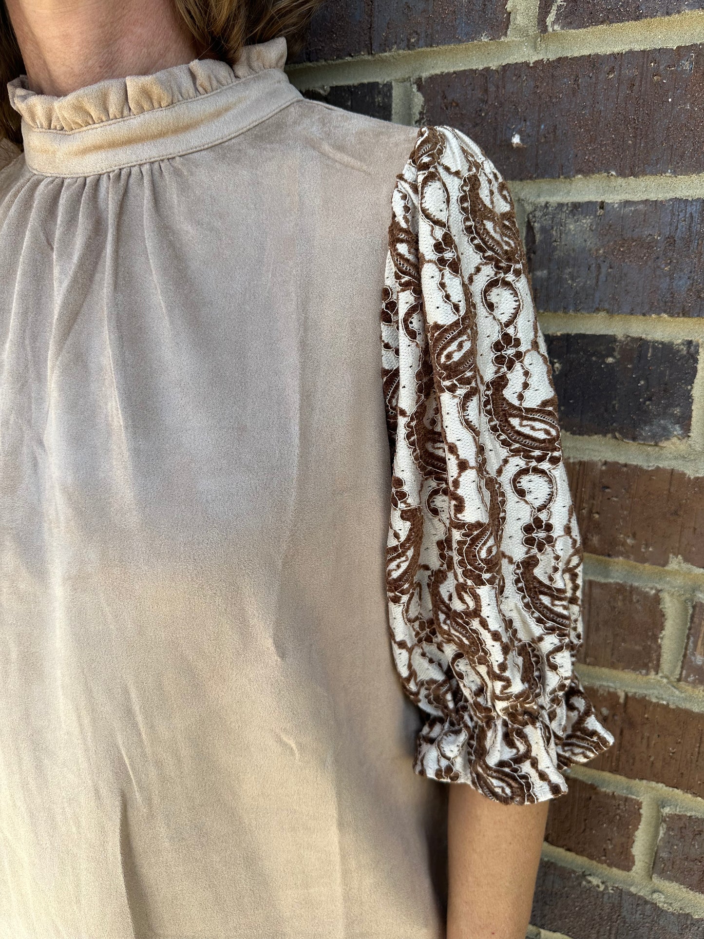 Paisley Sleeve Taupe Suede Top