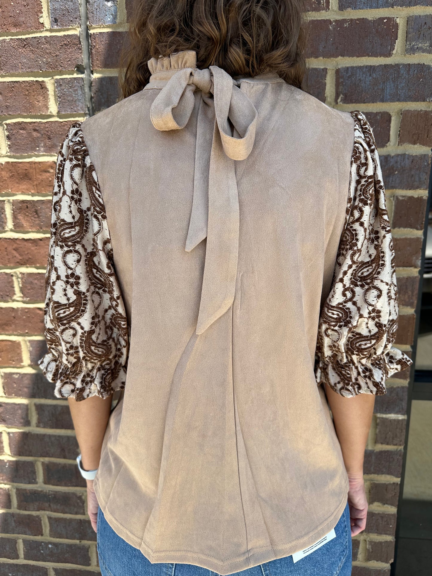 Paisley Sleeve Taupe Suede Top