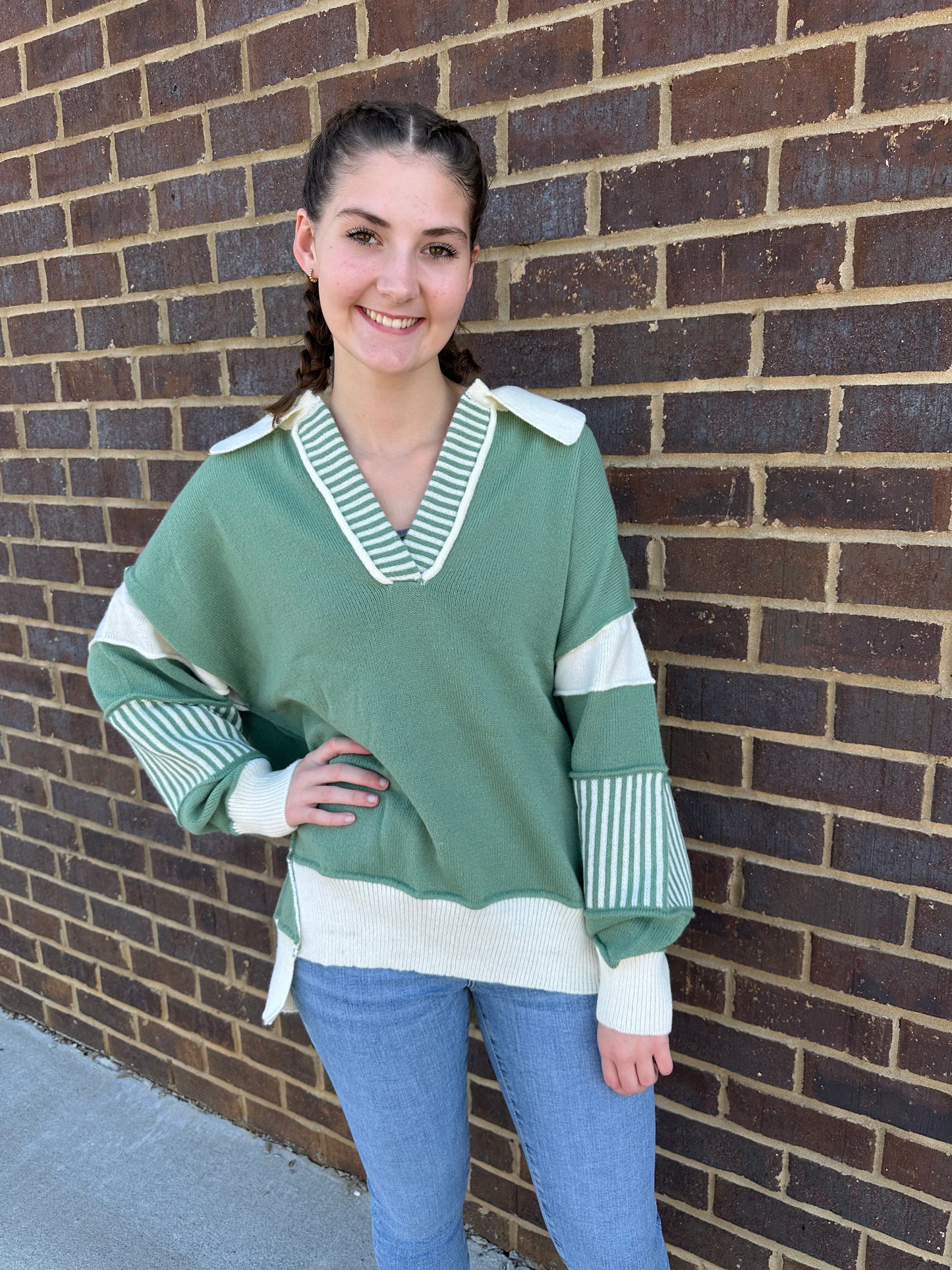 Green V-Neck Contrast Oversized Sweater