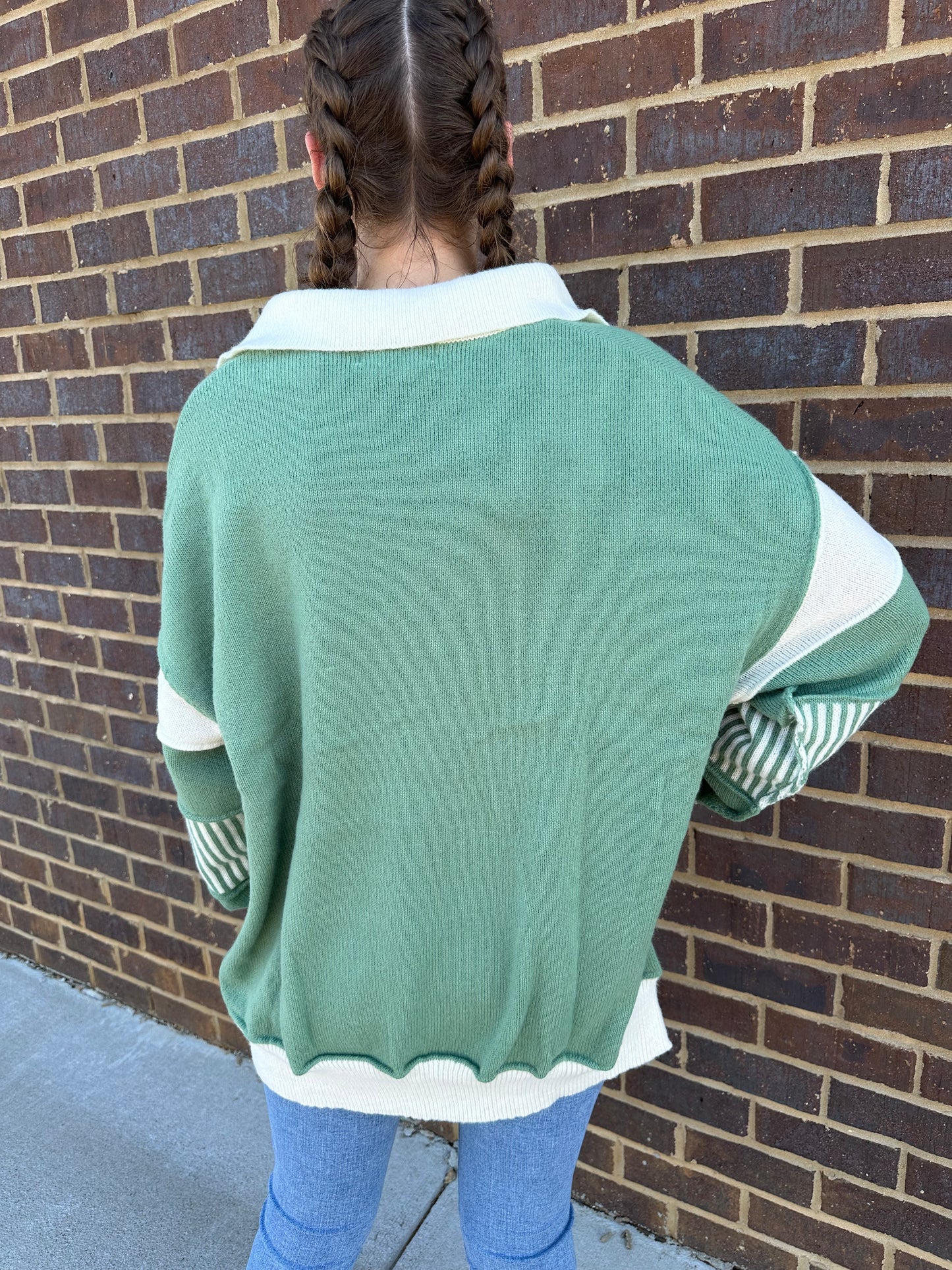 Green V-Neck Contrast Oversized Sweater