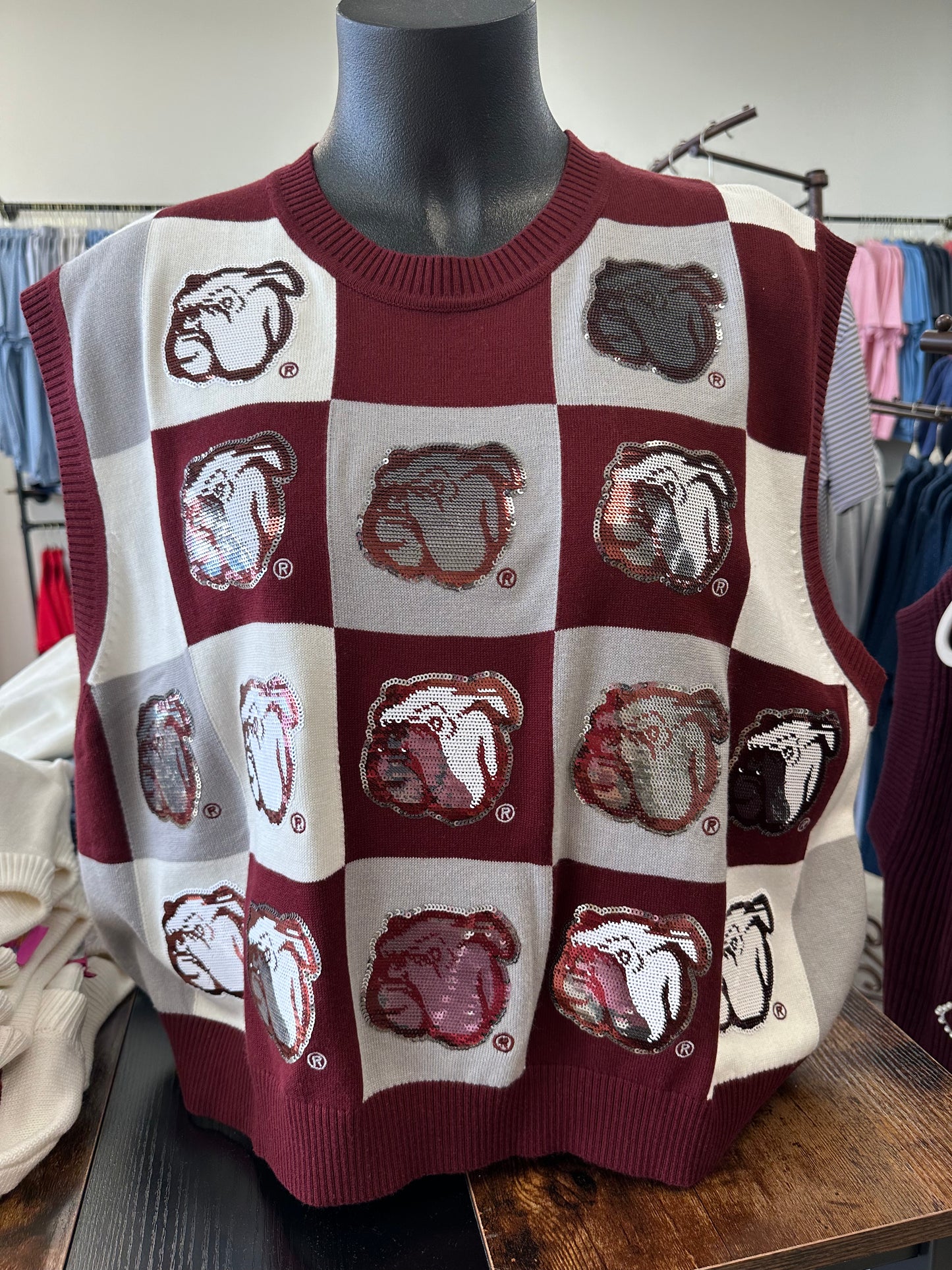 Queen of Sparkles Maroon & Grey Checkered MS State Bulldog Tank