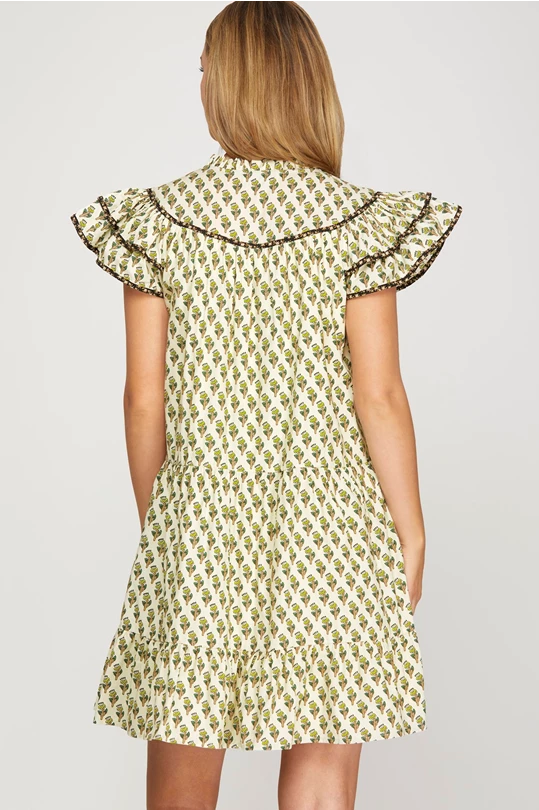 Cream Floral Ruffle Sleeve Dress