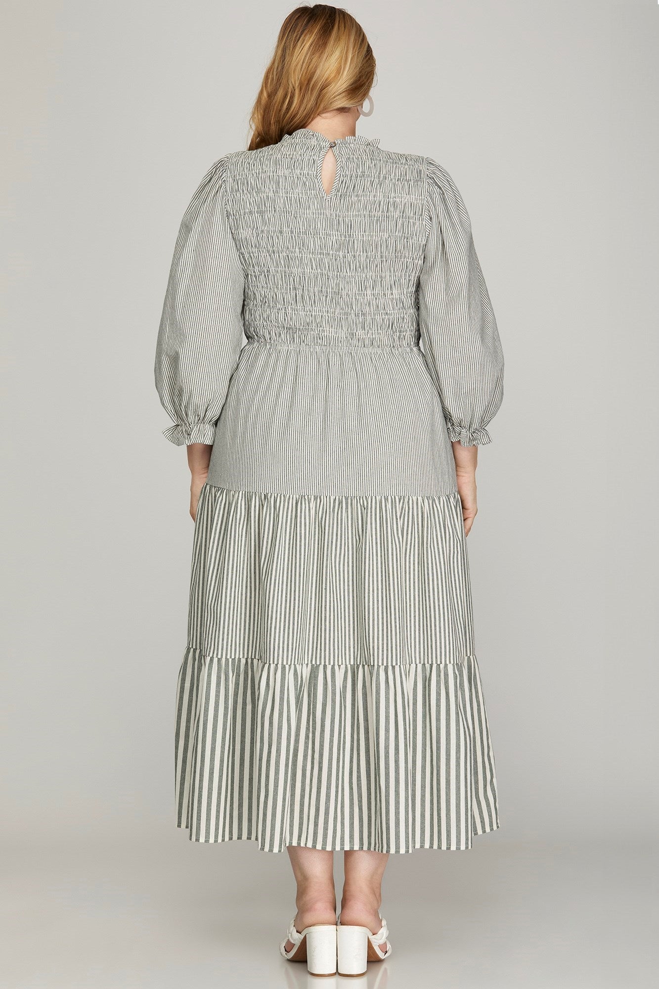 Curvy Smocked Striped Tiered Midi Dress
