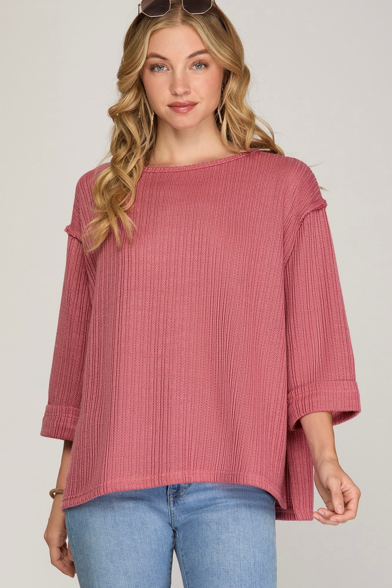 3/4 Folded Sleeve Knit Top