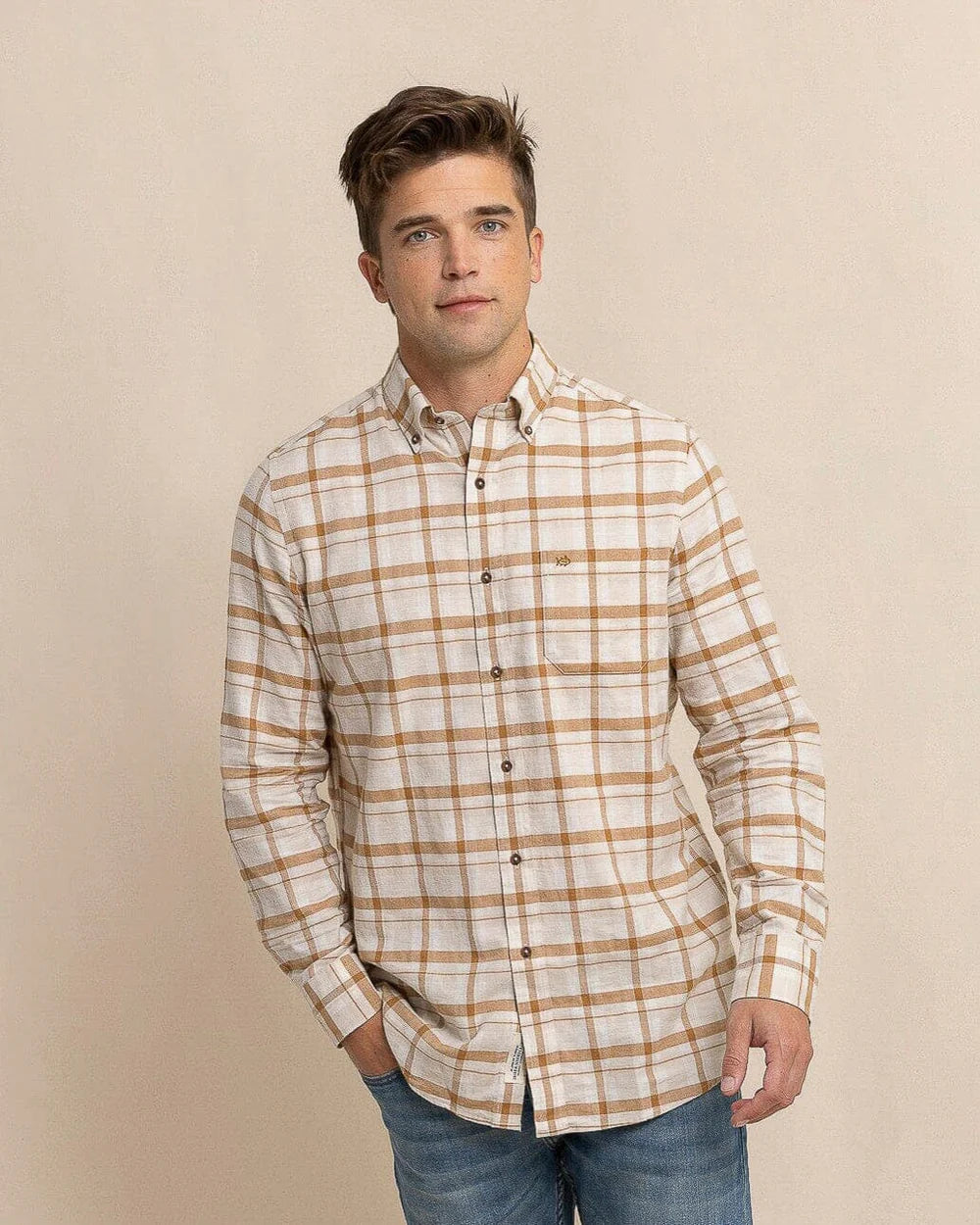 Botany Bay Plaid LS Sport Shirt - Sand White