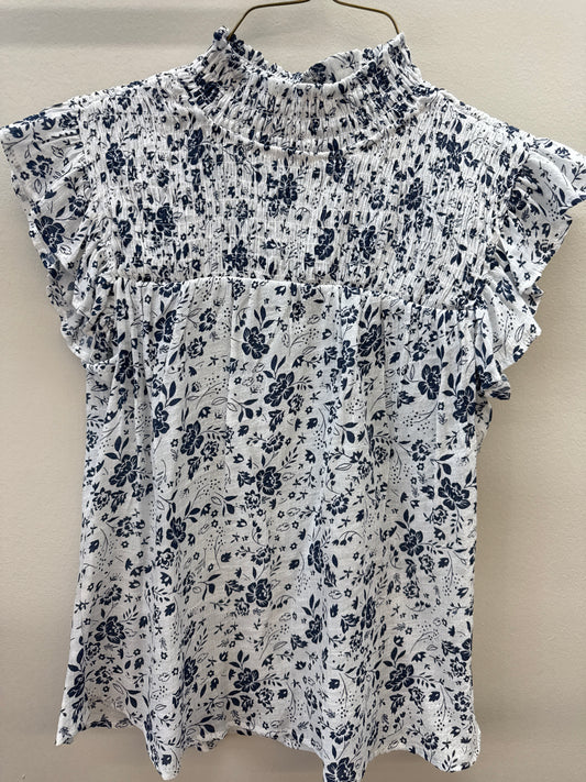 BL 0013 White/Navy Floral Top - Small