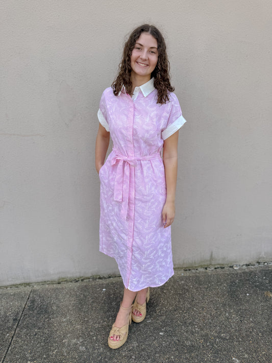 Pink Seersucker Midi Dress