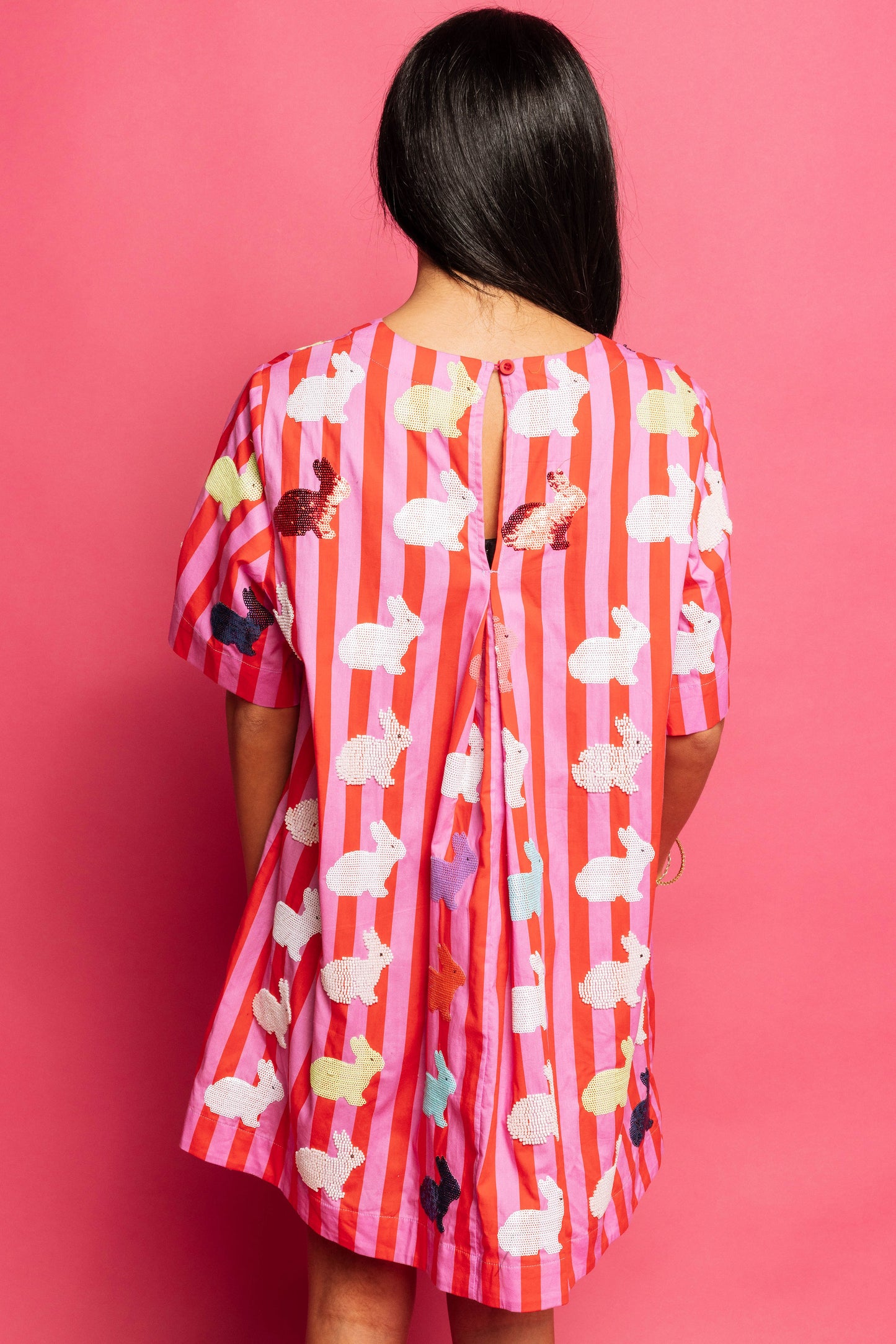 Queen of Sparkles Hot Pink Stripe Scattered Bunny Dress