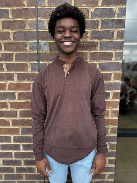 Long Sleeve Moleskin Henley - Brown