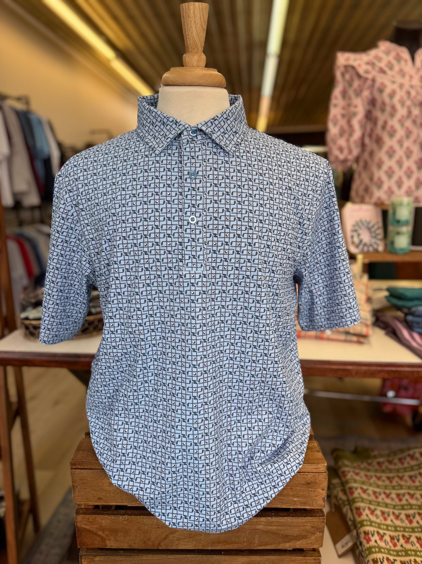 Blue Golf Print Performance Polo