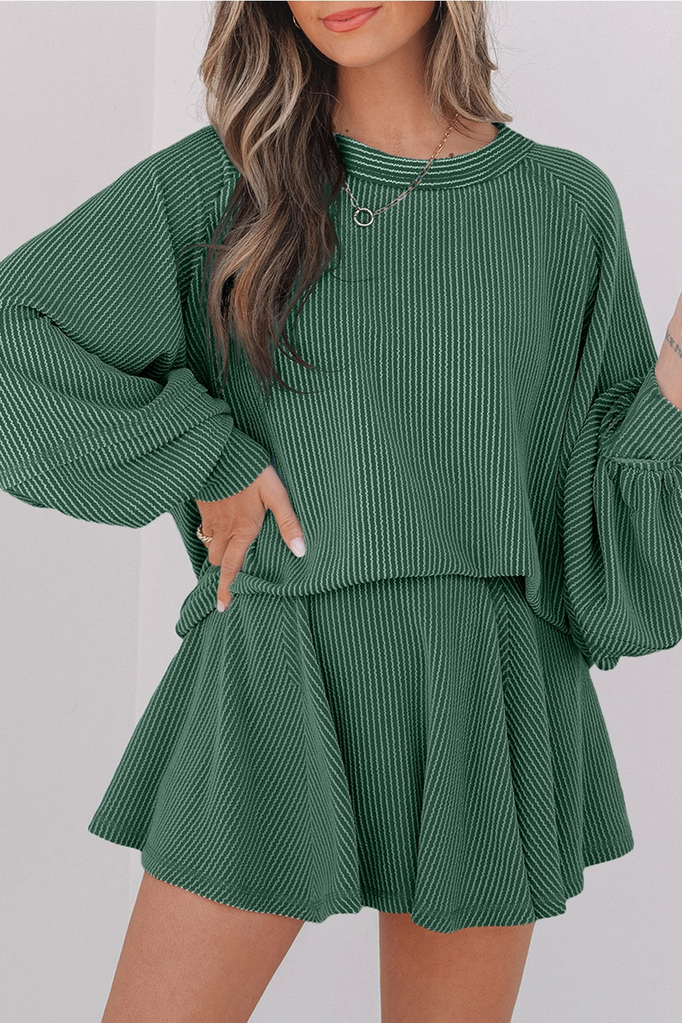 Green Ribbed Skort Set