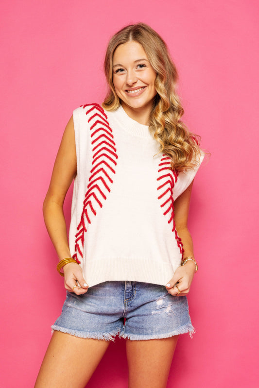 Queen of Sparkles White Baseball Stitch Sweater Vest