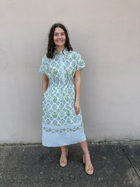 Blue Floral/Stripe Midi Dress