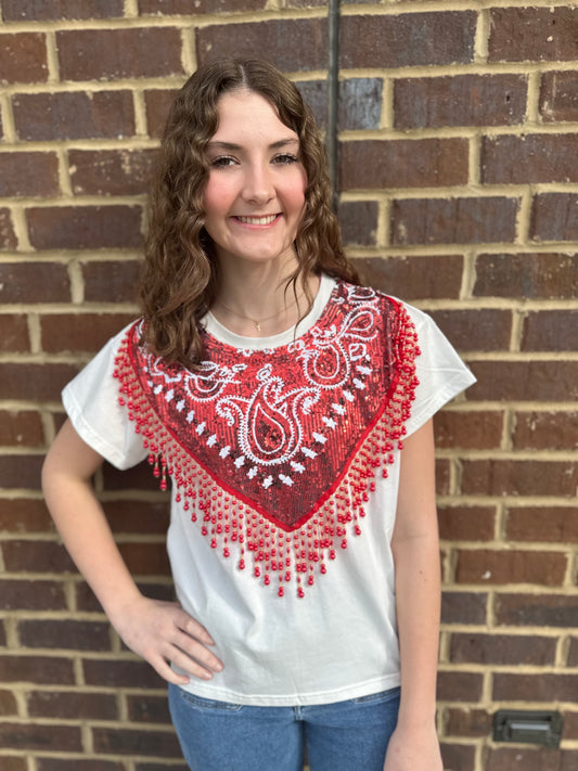Queen of Sparkles White Bandana & Fringe Tee