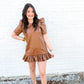 Camel Puff Sleeve Leather Dress