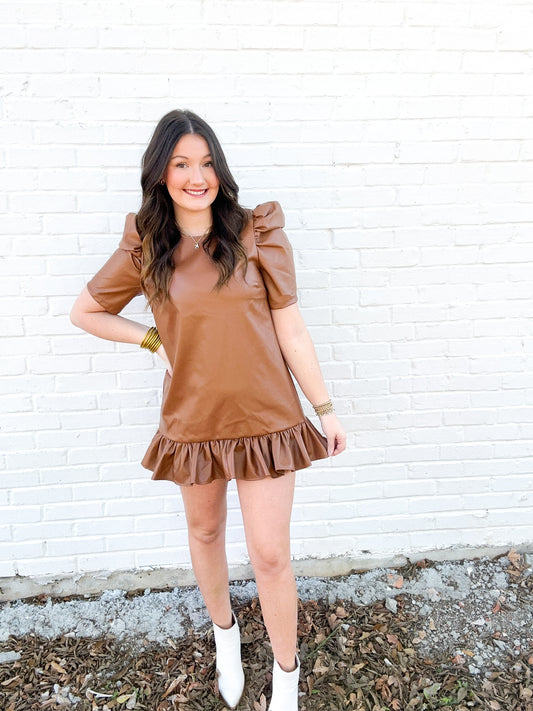 Camel Puff Sleeve Leather Dress