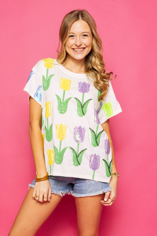 Queen of Sparkles White Multi Tulip Tee