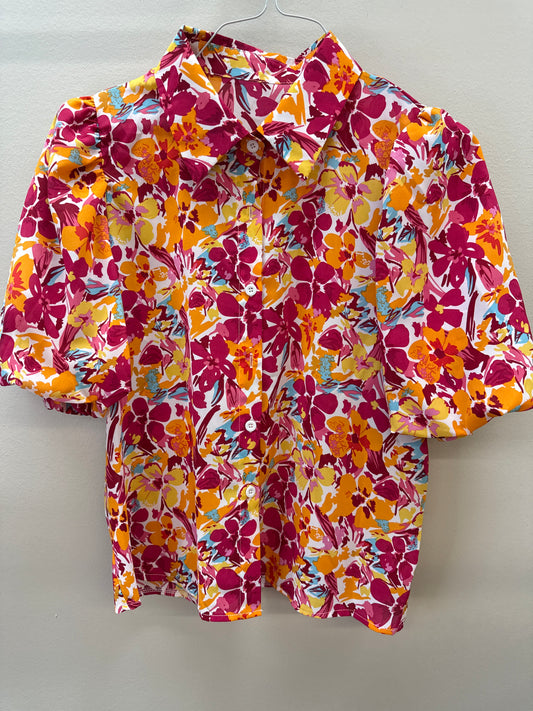BL 0013 Bright Floral ButtonUp Top - Medium