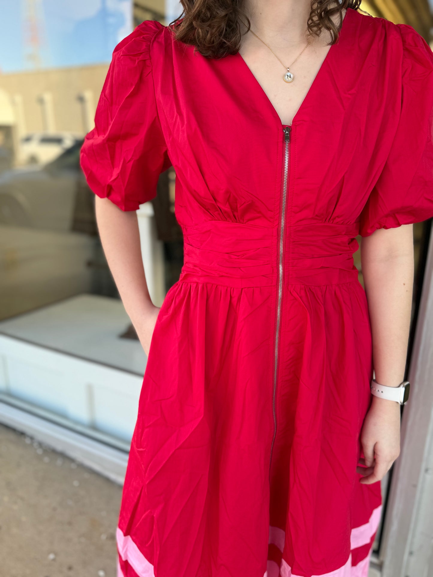 Red & Pink Zip Midi Dress