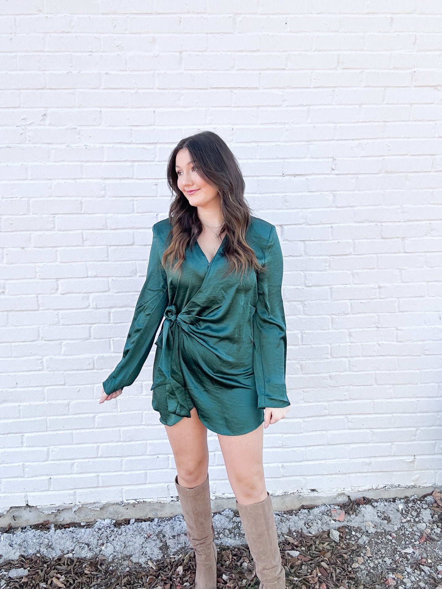 Hunter Green Satin Long Sleeve Wrap Dress