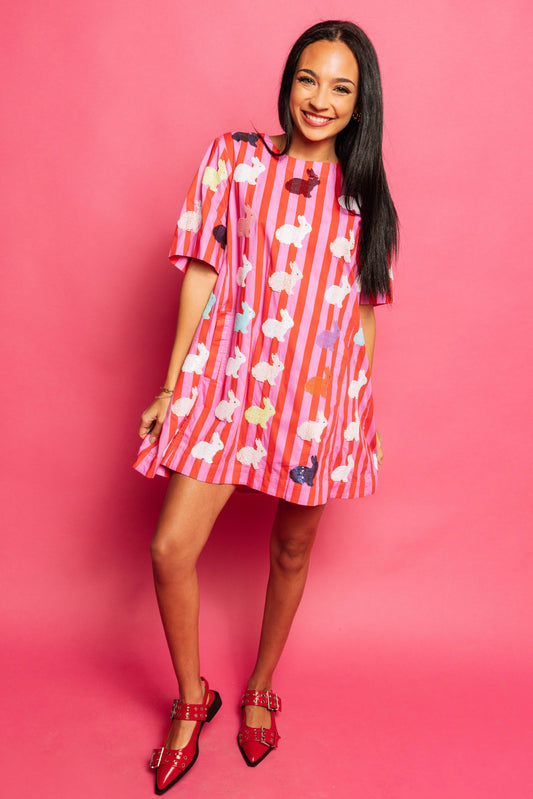 Queen of Sparkles Hot Pink Stripe Scattered Bunny Dress