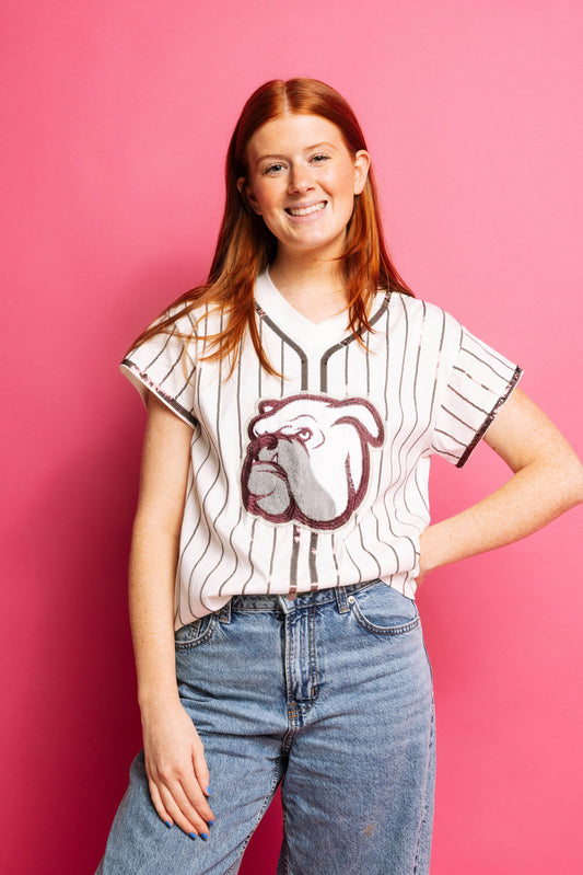 Queen of Sparkles Licensed White & Maroon Stripe Bulldog Head Tee