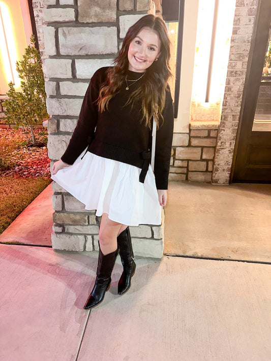 Side Tie Mixed Media Mini Dress