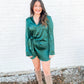 Hunter Green Satin Long Sleeve Wrap Dress