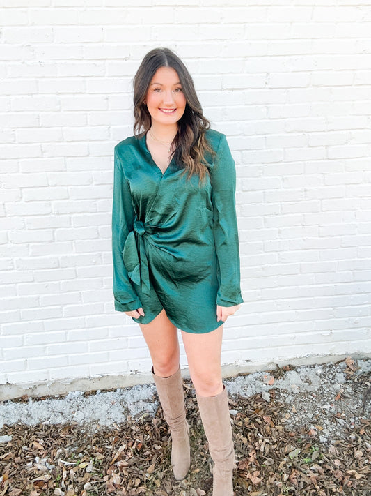 Hunter Green Satin Long Sleeve Wrap Dress