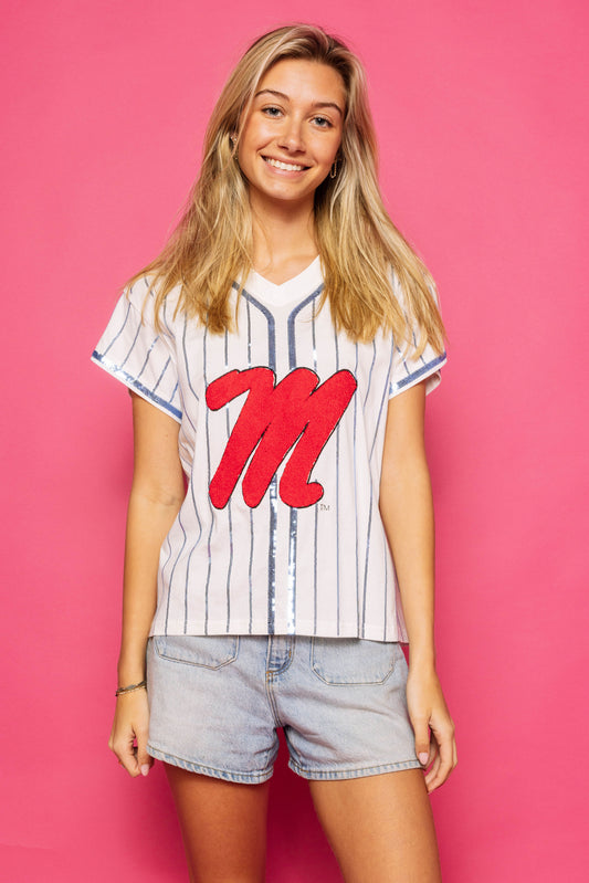 Queen of Sparkles Licensed White Powder Blue Ole Miss M Tee