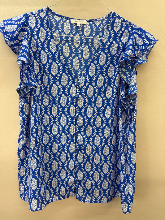 BL 0013 Blue Flower Flutter Sleeve Top - Medium