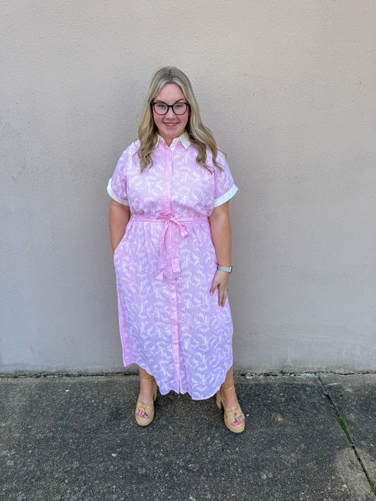 Curvy Pink Seersucker Midi Dress